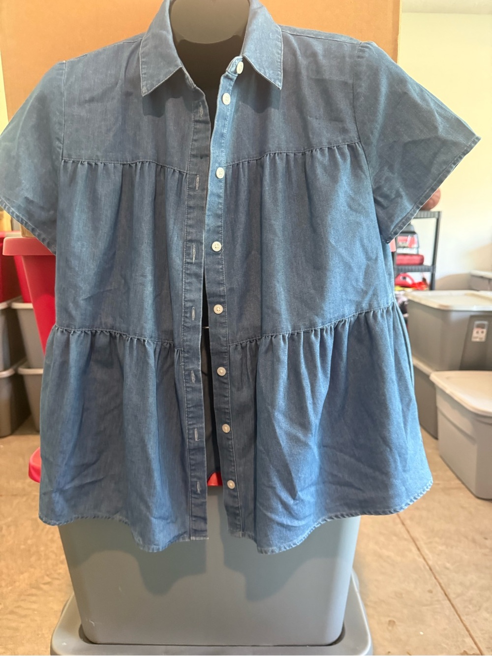 Denim Button-Front Tiered Shirt - Blue p77